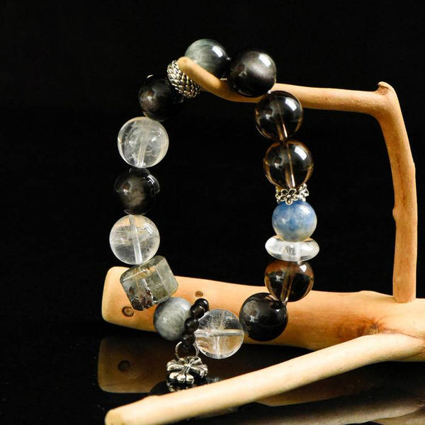 Smoky Quartz, Clear Quartz, and Silver Obsidian Single-Strand Bracelet