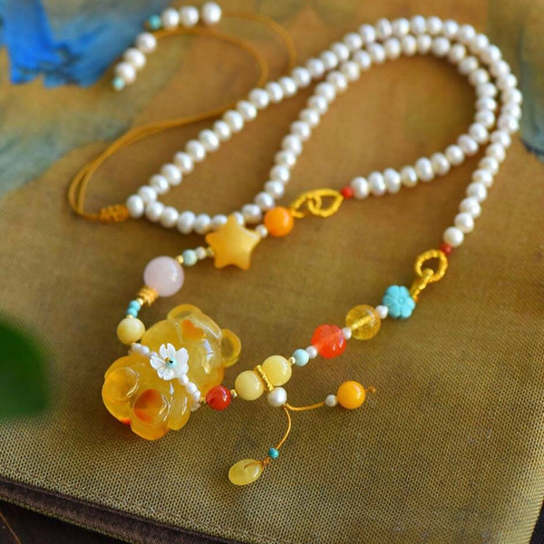 Natural Amber Bear Pendant Necklace