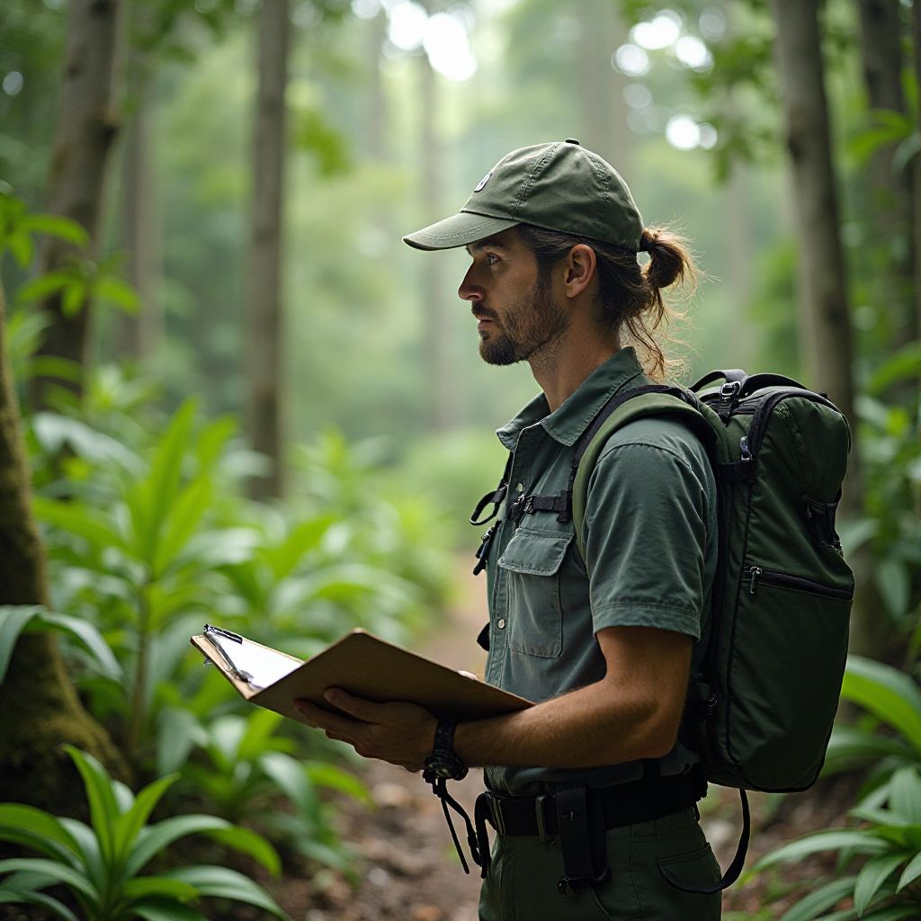 Environmental researcher examining rainforest vegetation
